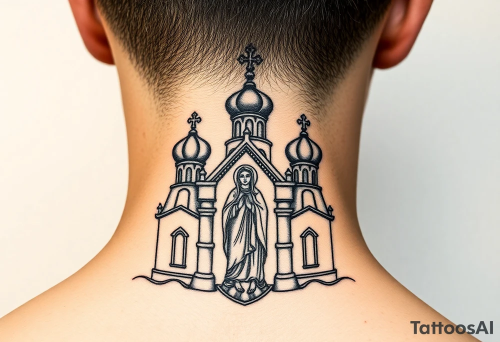 medium sized Russian orthodox church with bulb domes with a prominent russian orthodox style virgin mary stood tattoo idea