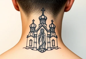 medium sized Russian orthodox church with bulb domes with a prominent russian orthodox style virgin mary stood tattoo idea
