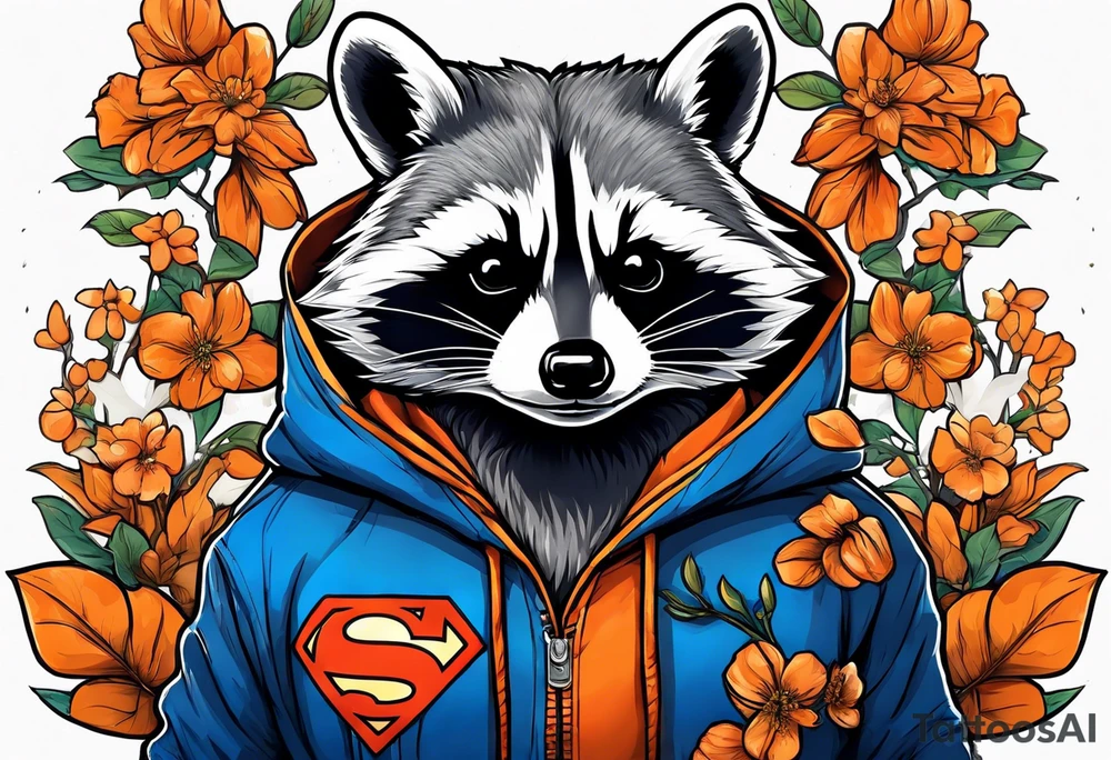 raccoon wearing a Superman hoodie with orange blossoms tattoo idea