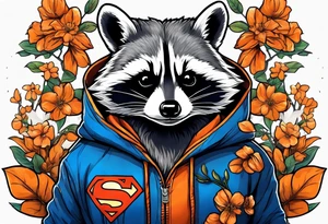 raccoon wearing a Superman hoodie with orange blossoms tattoo idea