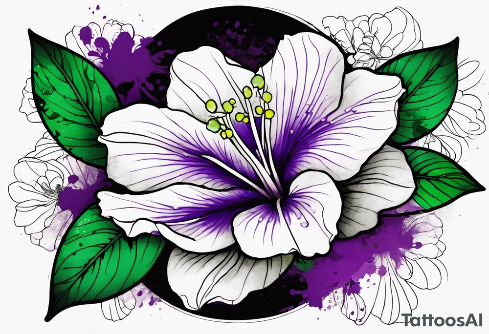 A mystical outline of a rio dipladenia flower and a green and purple watercolor splash in the background tattoo idea