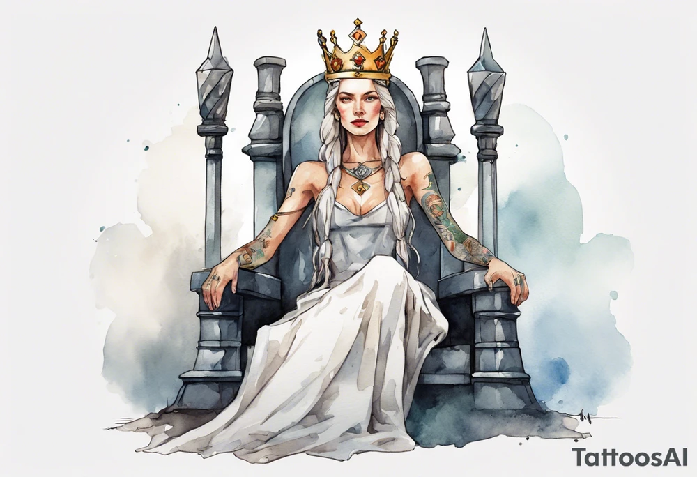 a Germanic queen wearing a simple iron crown sitting on a stone throne tattoo idea