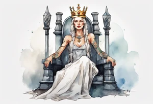a Germanic queen wearing a simple iron crown sitting on a stone throne tattoo idea