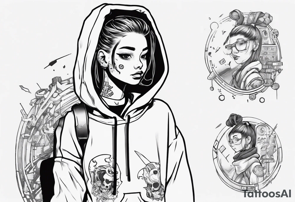 Cute cyberpunk girl with ponytail wearing an oversized hoodie and a skirt tattoo idea