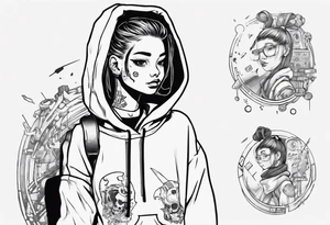 Cute cyberpunk girl with ponytail wearing an oversized hoodie and a skirt tattoo idea