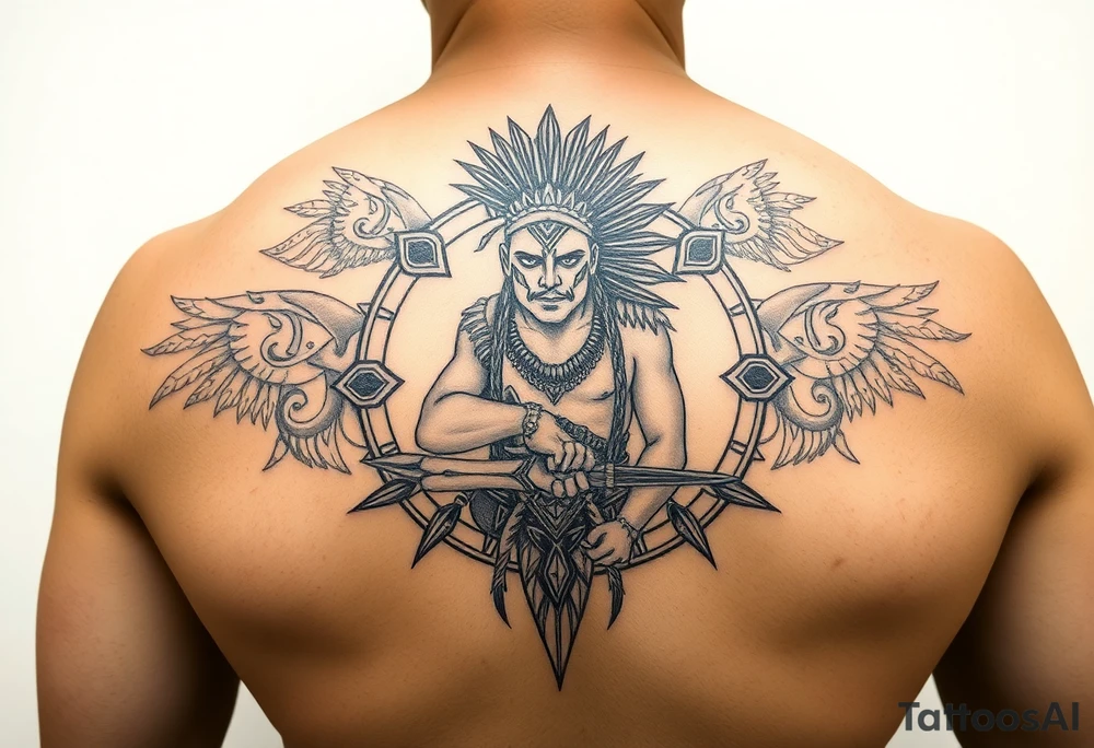 Purepecha warrior surrounded by purepecha symbols tattoo idea