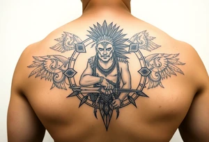 Purepecha warrior surrounded by purepecha symbols tattoo idea