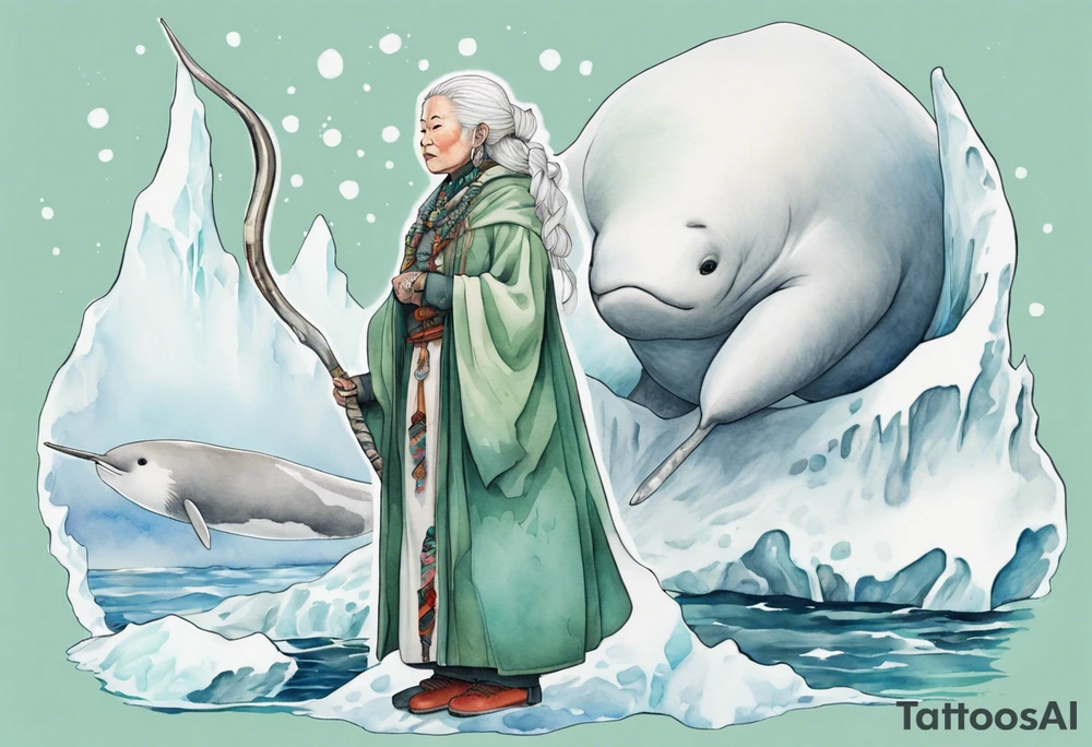 a 55-year-old Sami woman with white  hair wearing a white and mint cloak standing on an iceberg with a narwhal in the background tattoo idea