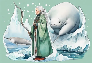 a 55-year-old Sami woman with white  hair wearing a white and mint cloak standing on an iceberg with a narwhal in the background tattoo idea