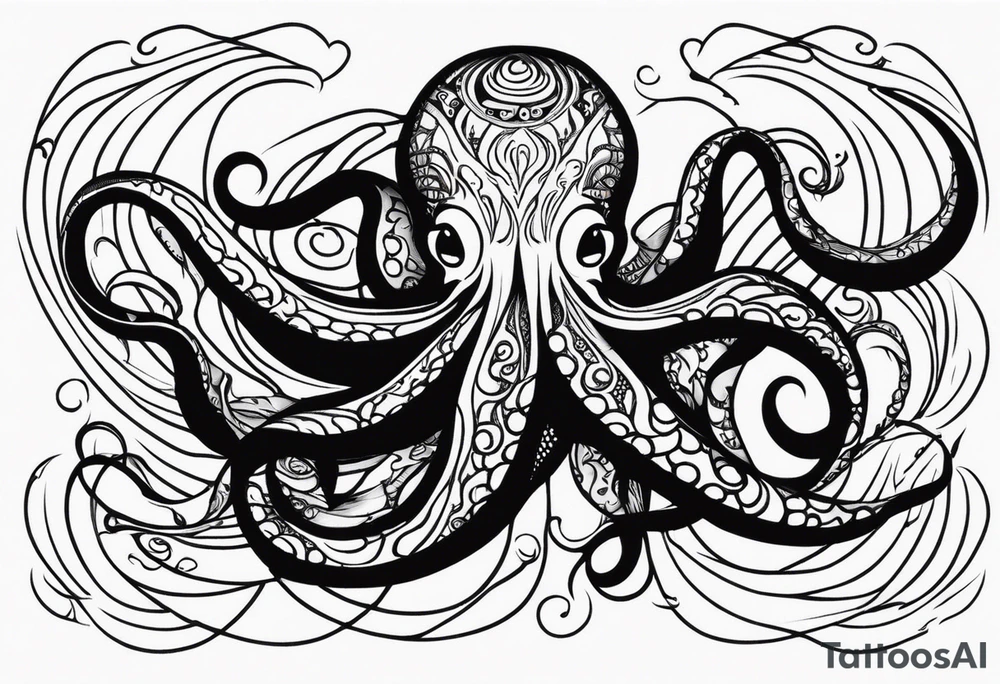 Tribal half sleeve. octopus surrounded by ribbons of water waves filled with fish. the octopus has small eyes. Use thick lines only with less detail. tattoo idea