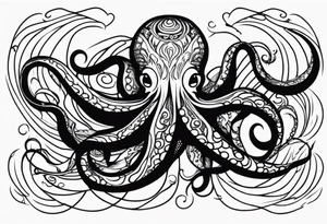 Tribal half sleeve. octopus surrounded by ribbons of water waves filled with fish. the octopus has small eyes. Use thick lines only with less detail. tattoo idea