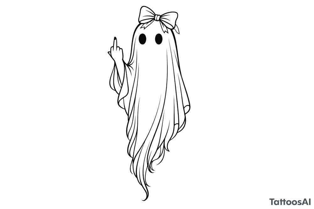 Tall girly ghost line work with middle finger up and bow on head tattoo idea
