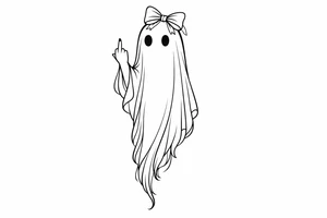 Tall girly ghost line work with middle finger up and bow on head tattoo idea
