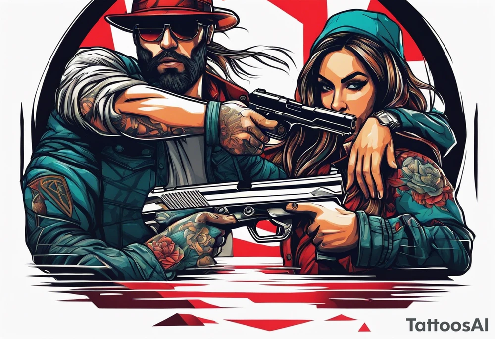 In the reflection of a eye two people holding guns one man dead on the ground with a wounded woman standing behind him tattoo idea