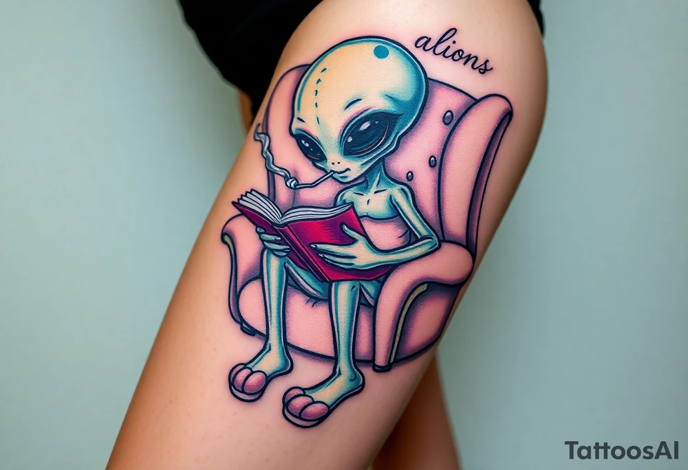 Alien with house slippers, reading a book, while smoking and sitting in a fluffy chair tattoo idea