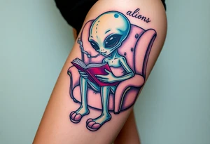 Alien with house slippers, reading a book, while smoking and sitting in a fluffy chair tattoo idea