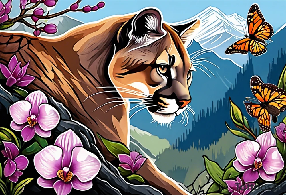 Mother mountain lion with an otter and flicker bird, mountains, orchids, and butterflies tattoo idea
