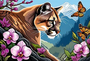 Mother mountain lion with an otter and flicker bird, mountains, orchids, and butterflies tattoo idea