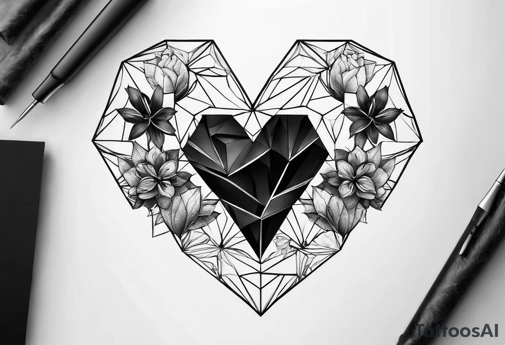 black hexagon heart realistic tattoo idea
