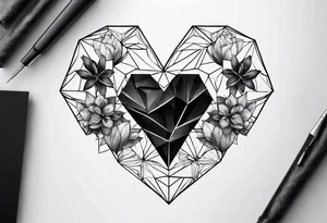 black hexagon heart realistic tattoo idea