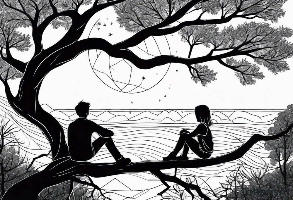 Two siblings watching a starfall by the sea. They are sitting on a tree branch in the woods tattoo idea