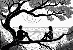 Two siblings watching a starfall by the sea. They are sitting on a tree branch in the woods tattoo idea
