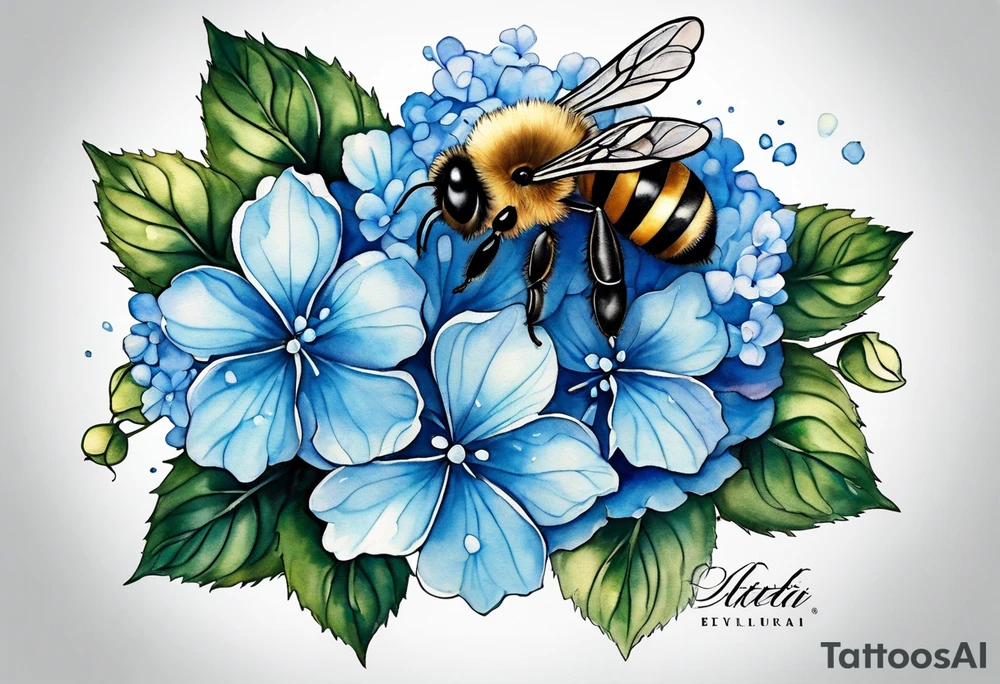 Small tattoo. There’s a hydrangea and a bee but they are not touching. Make the bee smaller than the hydrangea and have the bee off to the side. tattoo idea
