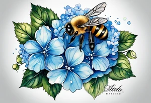 Small tattoo. There’s a hydrangea and a bee but they are not touching. Make the bee smaller than the hydrangea and have the bee off to the side. tattoo idea