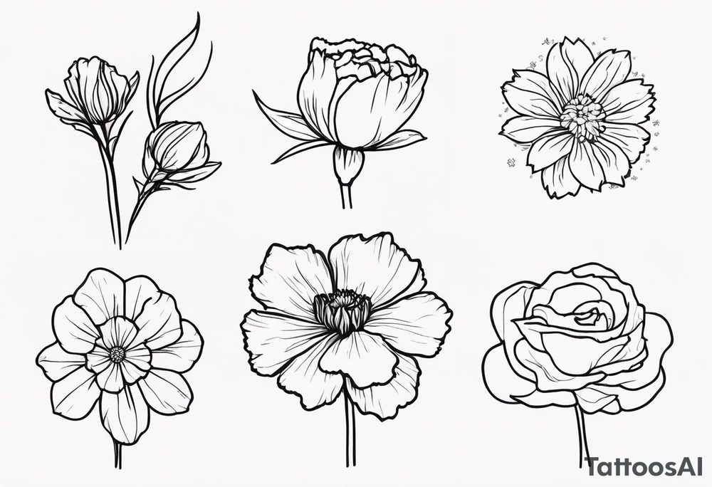Bundle of flowers: Two carnations, Two daffodils, One snowdrop, One hawthorn flower, Two honeysuckles, One rose, One chrysanthemum, one cosmos, one marigold, one morning glory, and one aster tattoo idea