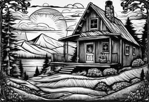 cross, campfire, golf , whiskey glass, cabin tattoo idea