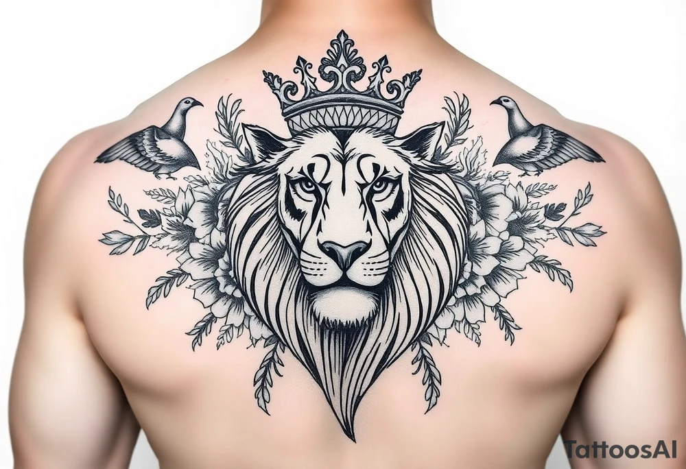 powerful majestic lion with a crown, surrounded by floral ornaments and birds tattoo idea