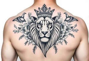 powerful majestic lion with a crown, surrounded by floral ornaments and birds tattoo idea