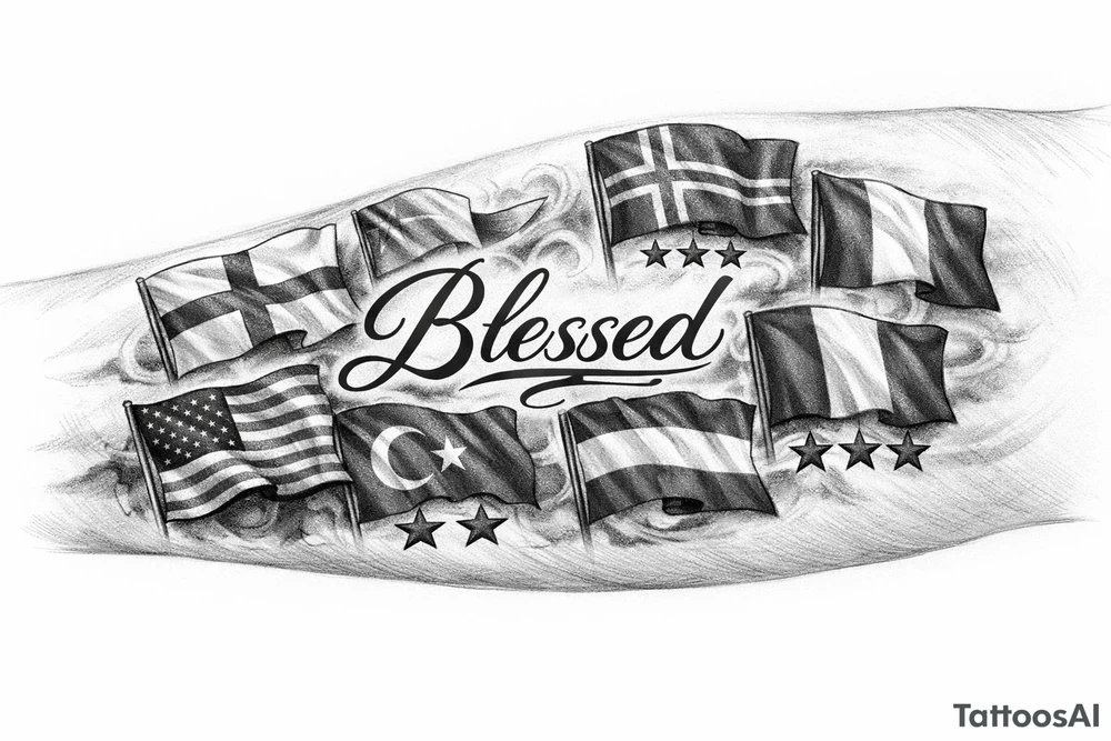Football related England USA Iceland Italy Spain Turkey France Hungary flags inside forearm can u put 3 stars under iceland , 2 under turkey and italy
And quote in middle blessed flags to be around it tattoo idea