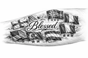 Football related England USA Iceland Italy Spain Turkey France Hungary flags inside forearm can u put 3 stars under iceland , 2 under turkey and italy
And quote in middle blessed flags to be around it tattoo idea