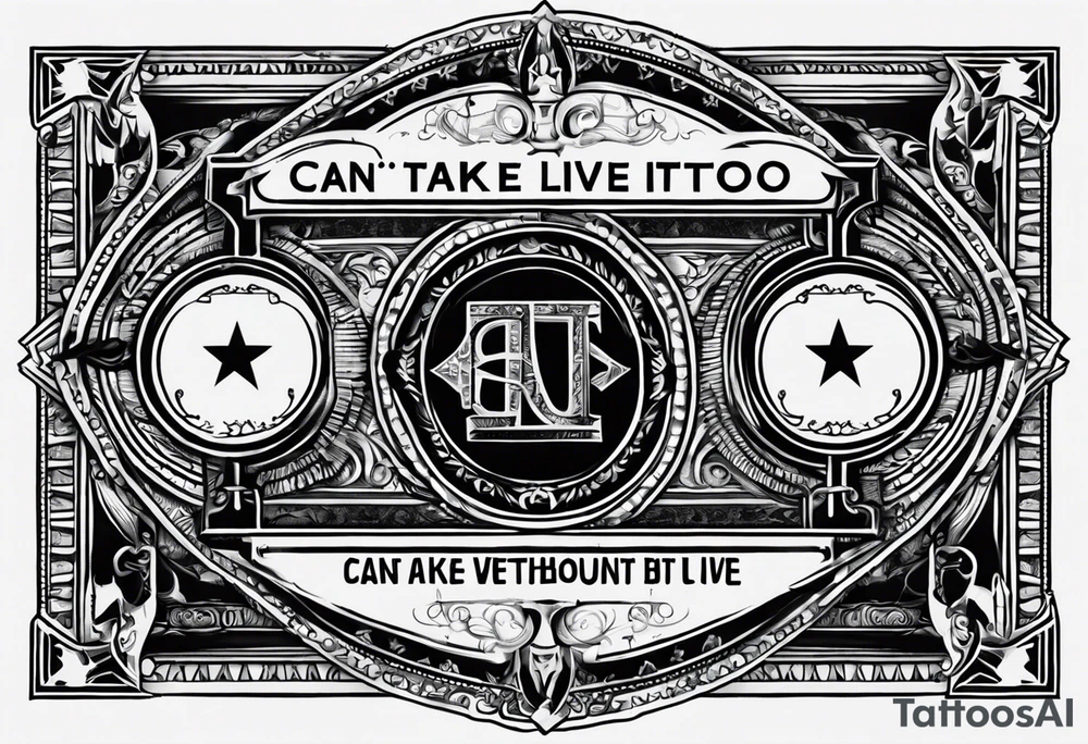 Give me a tattoo idea with a dollar bill being the center point and the quote”Can’t take it when you die, but you can’t live without it” tattoo idea