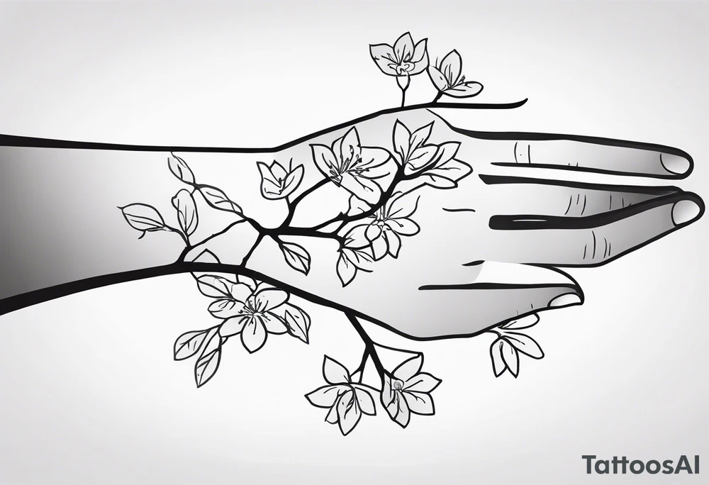 Sure thing! To guide the AI in drawing your tattoo design, you can provide step-by-step instructions like this:

1. Start by drawing a human hand pointing at a skeleton hand on the left shoulder.
2. From the wrist of the human hand, draw a cherry blossom branch sprouting out.
3. Let the branch travel down the arm, wrapping around the bicep once.
4. Narrow the branch to fit through a 7 cm gap on the forearm.
5. Finally, end the branch in a 10 cm gap on the wrist, adding more blossom flora to complete the design.

These detailed instructions should help the AI create a visual representation of your envisioned tattoo. tattoo idea