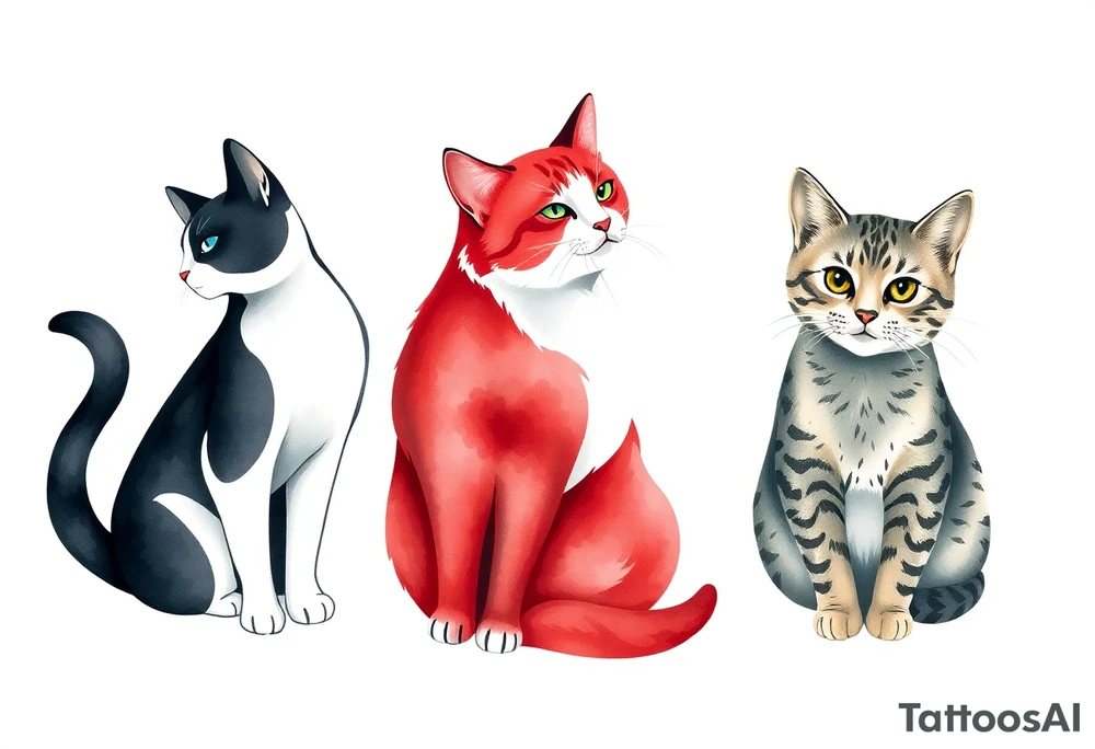 three cats, one black and white cat, one red and white cat and one tabby cat tattoo idea