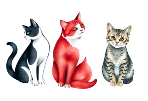 three cats, one black and white cat, one red and white cat and one tabby cat tattoo idea
