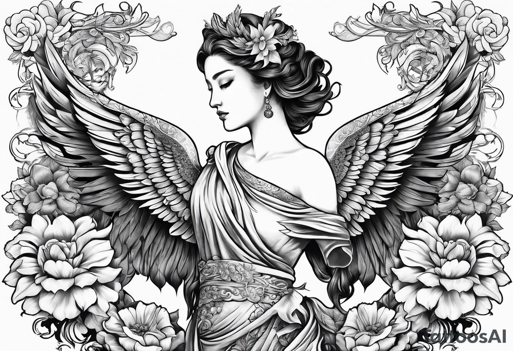 Sleeve with blind Themis and Phoenix with flowers tattoo idea