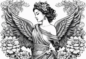 Sleeve with blind Themis and Phoenix with flowers tattoo idea