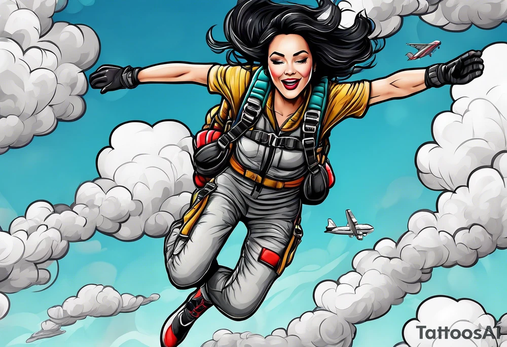 Black haired Woman skydiver jumping from plane with parachute tattoo idea