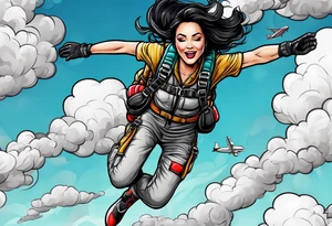 Black haired Woman skydiver jumping from plane with parachute tattoo idea