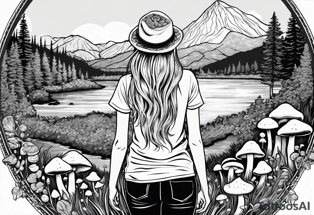 Straight long blonde hair hippie girl in distance holding mushrooms in hand facing away toward mountains and creek surrounded by mushrooms tee shirt and hiking pants; whole rendering within a full circle, no cut off circle tattoo idea