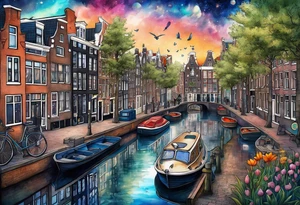 Animals and wildlife under canal in Amsterdam with Amsterdam houses filled with animals and wildlife in space featuring galaxy colours tattoo idea