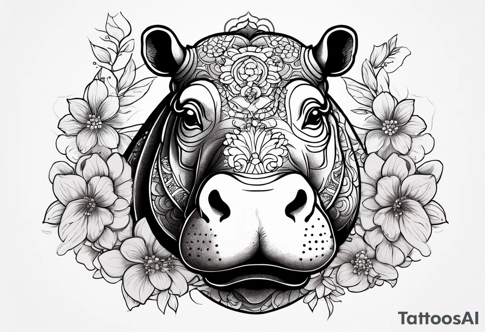 cute hippo with flowers tattoo idea