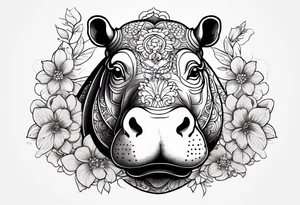 cute hippo with flowers tattoo idea