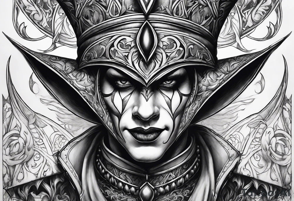 Split-faced
 jester tattoo idea