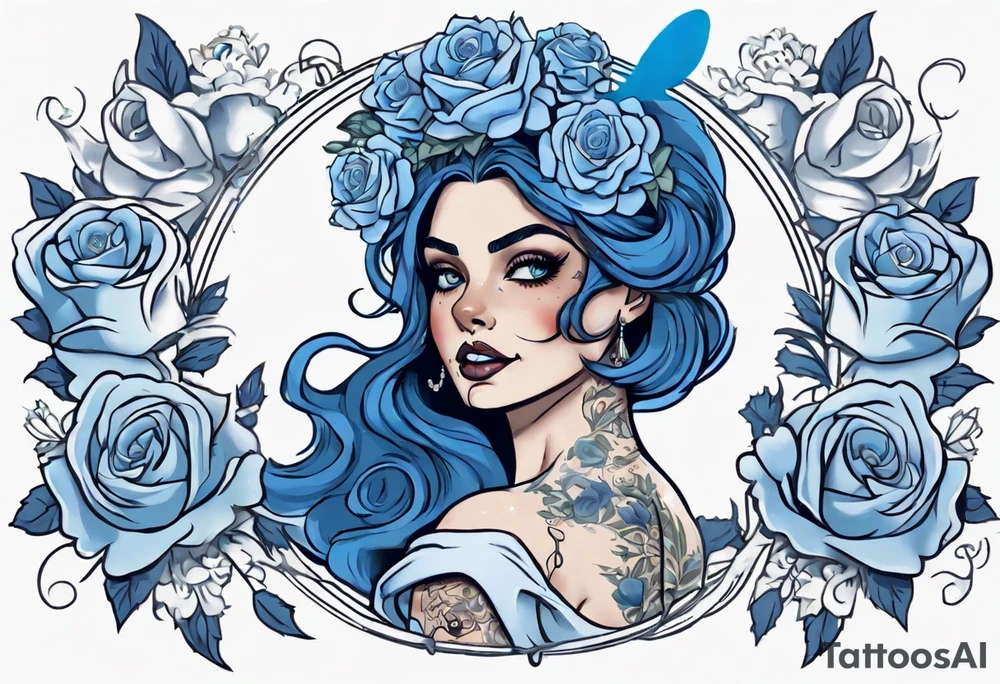 character Emily from the film corps bride. she is wearing a wedding dress. the vail on her head. she is holding a bouquet of blue roses in the middle of the bouquet  there is one white daisy. there is one blue butterfly flying around her. A full moon on the background. tattoo idea