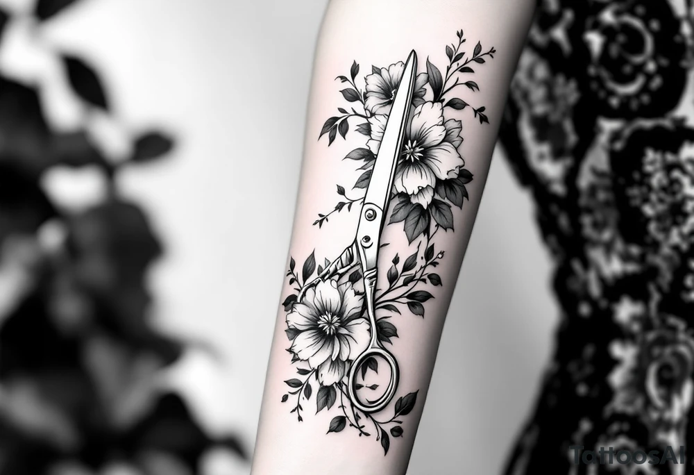 large haircutting scissors going from wrist to elbow with large flowers and vine woven around up and down the arm tattoo idea