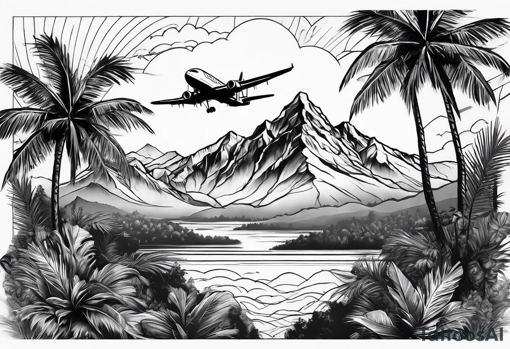 mountains palm trees airplanes tattoo idea